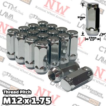 Picture of Wholesales | 50-Piece Box | 2” Tall | Chrome | 12x1.75 Thread | 3/4” Hex Drive | Bulge Acorn | Wheel Lug Nuts