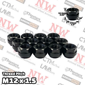 Show details for Wholesales | 100-Piece Box | Extra Short | Black | 12x1.5 Thread | 3/4” Hex Drive | Bulge Acorn Open End | Wheel Lug Nuts Picture of Wholesales | 100-Piece Box | Extra Short | Black | 12x1.5 Thread | 3/4” Hex Drive | Bulge Acorn Open End | Wheel Lug Nuts