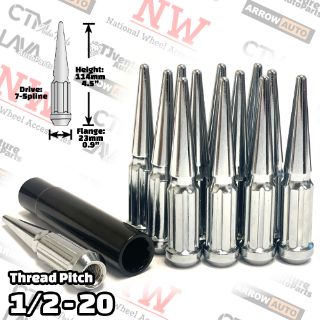 Picture of 20-Piece Set | 4.5” Tall | Chrome | 1/2-20 Thread | 7 Spline Tuner Drive | Performance Spike Lug Nuts | Plus Security Socket