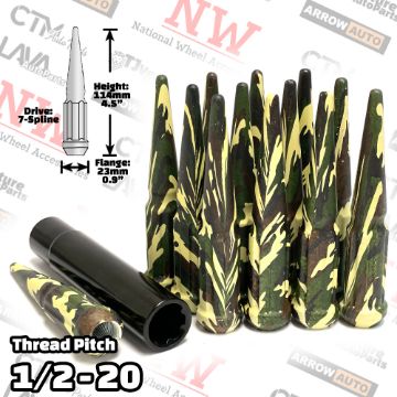 Show details for 20-Piece Set | 4.5” Tall | Tactical Camouflage | 1/2-20 Thread | 7 Spline Tuner Drive | Performance Spike Lug Nuts | Plus Security Socket Picture of 20-Piece Set | 4.5” Tall | Tactical Camouflage | 1/2-20 Thread | 7 Spline Tuner Drive | Performance Spike Lug Nuts | Plus Security Socket