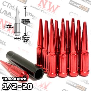 Show details for 20-Piece Set | 4.5” Tall | Red | 1/2-20 Thread | 7 Spline Tuner Drive | Performance Spike Lug Nuts | Plus Security Socket Picture of 20-Piece Set | 4.5” Tall | Red | 1/2-20 Thread | 7 Spline Tuner Drive | Performance Spike Lug Nuts | Plus Security Socket