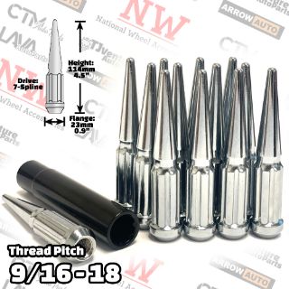 Picture of 20-Piece Set | 4.5” Tall | Chrome | 9/16-18 Thread | 7 Spline Tuner Drive | Performance Spike Lug Nuts | Plus Security Socket