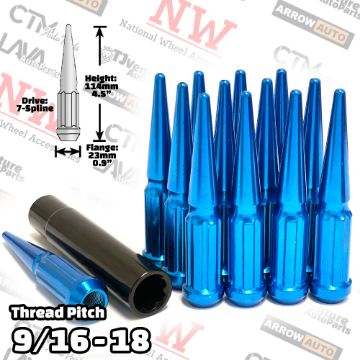 Show details for 20-Piece Set | 4.5” Tall | Blue | 9/16-18 Thread | 7 Spline Tuner Drive | Performance Spike Lug Nuts | Plus Security Socket Picture of 20-Piece Set | 4.5” Tall | Blue | 9/16-18 Thread | 7 Spline Tuner Drive | Performance Spike Lug Nuts | Plus Security Socket