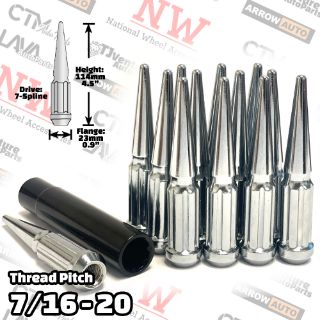 Picture of 20-Piece Set | 4.5” Tall | Chrome | 7/16-20 Thread | 7 Spline Tuner Drive | Performance Spike Lug Nuts | Plus Security Socket