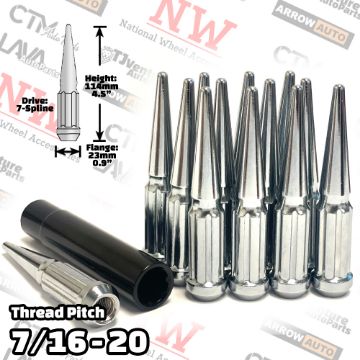 Show details for 20-Piece Set | 4.5” Tall | Chrome | 7/16-20 Thread | 7 Spline Tuner Drive | Performance Spike Lug Nuts | Plus Security Socket Picture of 20-Piece Set | 4.5” Tall | Chrome | 7/16-20 Thread | 7 Spline Tuner Drive | Performance Spike Lug Nuts | Plus Security Socket