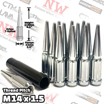 Show details for 20-Piece Set | 4.5” Tall | Chrome | 14x1.5 Thread | 7 Spline Tuner Drive | Performance Spike Lug Nuts | Plus Security Socket Picture of 20-Piece Set | 4.5” Tall | Chrome | 14x1.5 Thread | 7 Spline Tuner Drive | Performance Spike Lug Nuts | Plus Security Socket