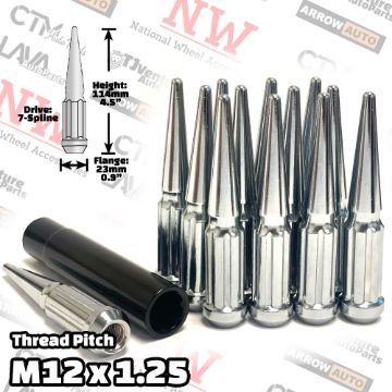 Show details for 16-Piece Set | 4.5” Tall | Chrome | 12x1.25 Thread | 7 Spline Tuner Drive | Performance Spike Lug Nuts | Plus Security Socket Picture of 16-Piece Set | 4.5” Tall | Chrome | 12x1.25 Thread | 7 Spline Tuner Drive | Performance Spike Lug Nuts | Plus Security Socket
