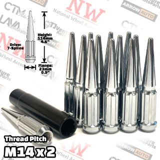 Picture of 20-Piece Set | 4.5” Tall | Chrome | 14x2 Thread | 7 Spline Tuner Drive | Performance Spike Lug Nuts | Plus Security Socket