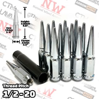 Picture of 16-Piece Set | 4.5” Tall | Chrome | 1/2-20 Thread | 3/4” Hex Drive Drive | Spike Lug Nuts | Plus Security Socket