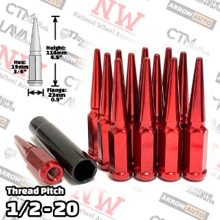 Picture of 16-Piece Set | 4.5” Tall | Red | 1/2-20 Thread | 3/4” Hex Drive Drive | Spike Lug Nuts | Plus Security Socket