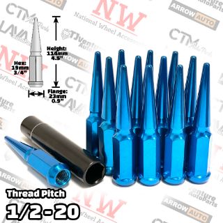 Picture of 16-Piece Set | 4.5” Tall | Blue | 1/2-20 Thread | 3/4” Hex Drive Drive | Spike Lug Nuts | Plus Security Socket