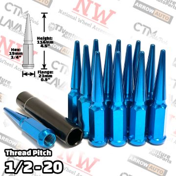 Show details for 16-Piece Set | 4.5” Tall | Blue | 1/2-20 Thread | 3/4” Hex Drive Drive | Spike Lug Nuts | Plus Security Socket Picture of 16-Piece Set | 4.5” Tall | Blue | 1/2-20 Thread | 3/4” Hex Drive Drive | Spike Lug Nuts | Plus Security Socket