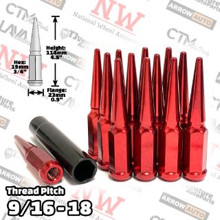 Picture of 20-Piece Set | 4.5” Tall | Red | 9/16-18 Thread | 3/4” Hex Drive Drive | Spike Lug Nuts | Plus Security Socket