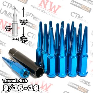 Picture of 20-Piece Set | 4.5” Tall | Blue | 9/16-18 Thread | 3/4” Hex Drive Drive | Spike Lug Nuts | Plus Security Socket