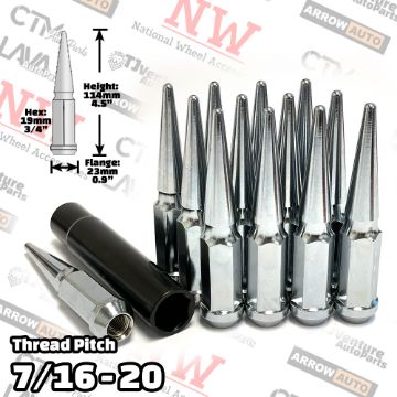 Show details for 20-Piece Set | 4.5” Tall | Chrome | 7/16-20 Thread | 3/4” Hex Drive Drive | Spike Lug Nuts | Plus Security Socket Picture of 20-Piece Set | 4.5” Tall | Chrome | 7/16-20 Thread | 3/4” Hex Drive Drive | Spike Lug Nuts | Plus Security Socket