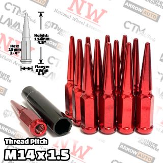 Picture of 20-Piece Set | 4.5” Tall | Red | 14x1.5 Thread | 3/4” Hex Drive Drive | Spike Lug Nuts | Plus Security Socket