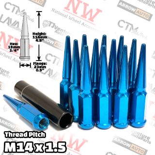 Picture of 20-Piece Set | 4.5” Tall | Blue | 14x1.5 Thread | 3/4” Hex Drive Drive | Spike Lug Nuts | Plus Security Socket