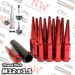 Picture of 16-Piece Set | 4.5” Tall | Red | 12x1.5 Thread | 3/4” Hex Drive Drive | Spike Lug Nuts | Plus Security Socket