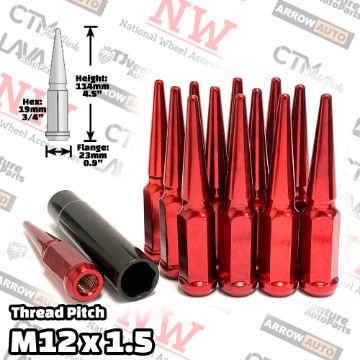 Show details for 16-Piece Set | 4.5” Tall | Red | 12x1.5 Thread | 3/4” Hex Drive Drive | Spike Lug Nuts | Plus Security Socket Picture of 16-Piece Set | 4.5” Tall | Red | 12x1.5 Thread | 3/4” Hex Drive Drive | Spike Lug Nuts | Plus Security Socket