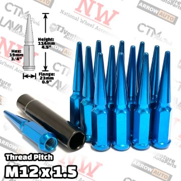 Show details for 16-Piece Set | 4.5” Tall | Blue | 12x1.5 Thread | 3/4” Hex Drive Drive | Spike Lug Nuts | Plus Security Socket Picture of 16-Piece Set | 4.5” Tall | Blue | 12x1.5 Thread | 3/4” Hex Drive Drive | Spike Lug Nuts | Plus Security Socket