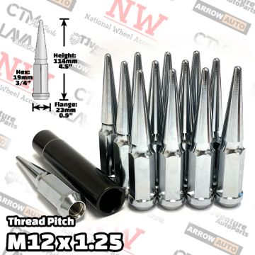 Show details for 16-Piece Set | 4.5” Tall | Chrome | 12x1.25 Thread | 3/4” Hex Drive Drive | Spike Lug Nuts | Plus Security Socket Picture of 16-Piece Set | 4.5” Tall | Chrome | 12x1.25 Thread | 3/4” Hex Drive Drive | Spike Lug Nuts | Plus Security Socket