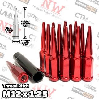 Picture of 16-Piece Set | 4.5” Tall | Red | 12x1.25 Thread | 3/4” Hex Drive Drive | Spike Lug Nuts | Plus Security Socket