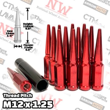 Show details for 16-Piece Set | 4.5” Tall | Red | 12x1.25 Thread | 3/4” Hex Drive Drive | Spike Lug Nuts | Plus Security Socket Picture of 16-Piece Set | 4.5” Tall | Red | 12x1.25 Thread | 3/4” Hex Drive Drive | Spike Lug Nuts | Plus Security Socket