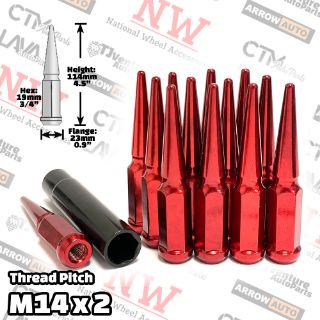 Picture of 20-Piece Set | 4.5” Tall | Red | 14x2 Thread | 3/4” Hex Drive Drive | Spike Lug Nuts | Plus Security Socket