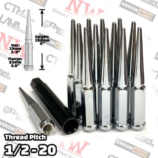 Picture of 20-Piece Set | 6” Extra Tall | Chrome | 1/2-20 Thread | 3/4” Hex Drive Drive | Spike Lug Nuts | Plus Security Socket