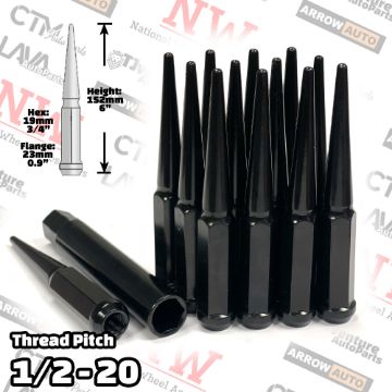 Show details for 20-Piece Set | 6” Extra Tall | Black | 1/2-20 Thread | 3/4” Hex Drive Drive | Spike Lug Nuts | Plus Security Socket Picture of 20-Piece Set | 6” Extra Tall | Black | 1/2-20 Thread | 3/4” Hex Drive Drive | Spike Lug Nuts | Plus Security Socket