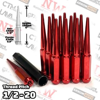 Picture of 20-Piece Set | 6” Extra Tall | Red | 1/2-20 Thread | 3/4” Hex Drive Drive | Spike Lug Nuts | Plus Security Socket