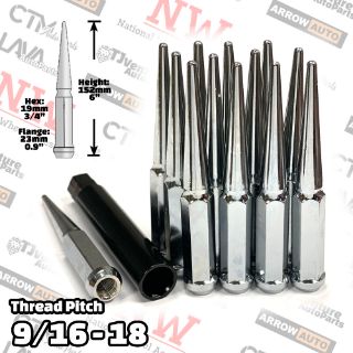 Picture of 20-Piece Set | 6” Extra Tall | Chrome | 9/16-18 Thread | 3/4” Hex Drive Drive | Spike Lug Nuts | Plus Security Socket