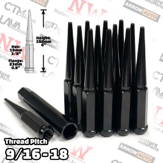 Picture of 20-Piece Set | 6” Extra Tall | Black | 9/16-18 Thread | 3/4” Hex Drive Drive | Spike Lug Nuts | Plus Security Socket