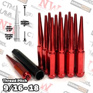 Picture of 20-Piece Set | 6” Extra Tall | Red | 9/16-18 Thread | 3/4” Hex Drive Drive | Spike Lug Nuts | Plus Security Socket