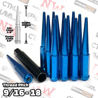 Picture of 20-Piece Set | 6” Extra Tall | Blue | 9/16-18 Thread | 3/4” Hex Drive Drive | Spike Lug Nuts | Plus Security Socket