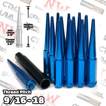 Show details for 20-Piece Set | 6” Extra Tall | Blue | 9/16-18 Thread | 3/4” Hex Drive Drive | Spike Lug Nuts | Plus Security Socket Picture of 20-Piece Set | 6” Extra Tall | Blue | 9/16-18 Thread | 3/4” Hex Drive Drive | Spike Lug Nuts | Plus Security Socket