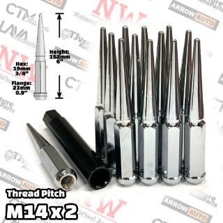 Picture of 20-Piece Set | 6” Extra Tall | Chrome | 14x2 Thread | 3/4” Hex Drive Drive | Spike Lug Nuts | Plus Security Socket