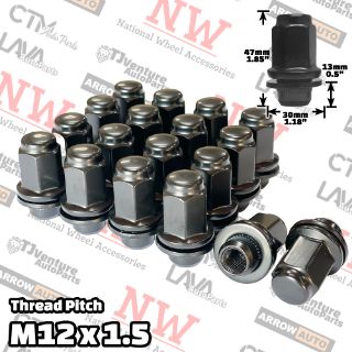 Picture of 20-Piece Set | Black | 1.78” Extra Tall | 12x1.5 Thread | 13/16” Hex Drive | OEM Factory Style Mag Seat | Wheel Lug Nuts | Fit Toyota/Lexus/Scion/Mitsubishi Stock Alloy Wheel