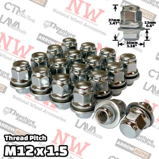 Picture of 16-Piece Set | Chrome | 1.4” Tall Regular | 12x1.5 Thread | 13/16” Hex Drive | OEM Factory Style Mag Seat | Wheel Lug Nuts | Fit Toyota/Lexus/Scion/Mitsubishi Stock Alloy Wheel