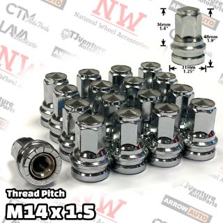 Picture of 32-Piece Set | Chrome | 14x1.5 Thread | 13/16” Hex Drive | Flat Seat | Ford OEM Factory Style | Wheel Lug Nuts | Fit F250 F350 F450 F550 F600 SuperDuty Truck Stock Alloy Wheel