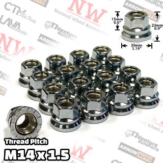 Picture of 32-Piece Set | Chrome | 14x1.5 Thread | 13/16” Hex Drive | Flat Seat | Ford OEM Factory Style | Open End Wheel Lug Nuts | Fit F250 F350 F450 F550 F600 SuperDuty Truck Stock Alloy Wheel