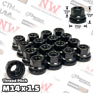 Picture of 32-Piece Set | Black | 14x1.5 Thread | 13/16” Hex Drive | Flat Seat | Ford OEM Factory Style | Open End Wheel Lug Nuts | Fit F250 F350 F450 F550 F600 SuperDuty Truck Stock Alloy Wheel