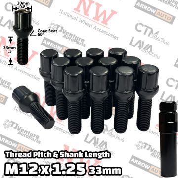 Show details for 10-Piece Set | Black | 12x1.25 Thread | 33mm Extended Shank | 6 Spline Tuner Locker | Performance Wheel Lug Bolts | For 3-8mm Spacers | Plus Security Socket Picture of 10-Piece Set | Black | 12x1.25 Thread | 33mm Extended Shank | 6 Spline Tuner Locker | Performance Wheel Lug Bolts | For 3-8mm Spacers | Plus Security Socket