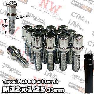 Picture of 10-Piece Set | Chrome | 12x1.25 Thread | 33mm Extended Shank | 6 Spline Tuner Locker | Performance Wheel Lug Bolts | For 3-8mm Spacers | Plus Security Socket