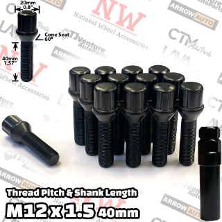 Picture of 10-Piece Set | Black | 12x1.5 Thread | 40mm Extended Shank | 6 Spline Tuner Locker | Performance Wheel Lug Bolts | For 10-15mm Spacers | Plus Security Socket