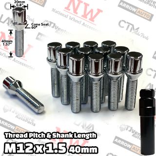 Picture of 10-Piece Set | Chrome | 12x1.5 Thread | 40mm Extended Shank | 6 Spline Tuner Locker | Performance Wheel Lug Bolts | For 10-15mm Spacers | Plus Security Socket