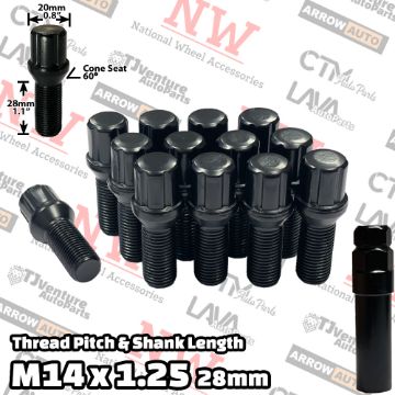 Show details for 10-Piece Set | Black | 14x1.25 Thread | 28mm Shank | 6 Spline Tuner Locker | Performance Wheel Lug Bolts | Plus Security Socket Picture of 10-Piece Set | Black | 14x1.25 Thread | 28mm Shank | 6 Spline Tuner Locker | Performance Wheel Lug Bolts | Plus Security Socket