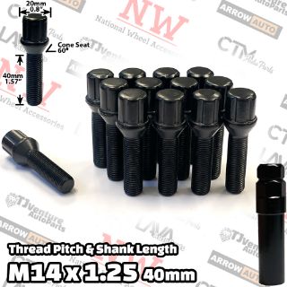 Picture of 10-Piece Set | Black | 14x1.25 Thread | 40mm Extended Shank | 6 Spline Tuner Locker | Performance Wheel Lug Bolts | For 10-15mm Spacers | Plus Security Socket