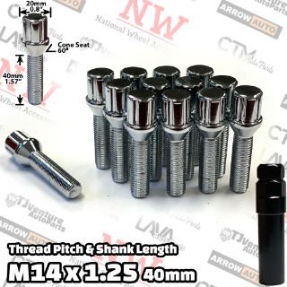 Picture of 10-Piece Set | Chrome | 14x1.25 Thread | 40mm Extended Shank | 6 Spline Tuner Locker | Performance Wheel Lug Bolts | For 10-15mm Spacers | Plus Security Socket