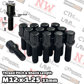 Show details for Wholesales | 100-Piece Box | Black | 12x1.25 Thread | 33mm Extended Shank | 6 Spline Tuner Locker | Performance Wheel Lug Bolts | For 3-8mm Spacers Picture of Wholesales | 100-Piece Box | Black | 12x1.25 Thread | 33mm Extended Shank | 6 Spline Tuner Locker | Performance Wheel Lug Bolts | For 3-8mm Spacers